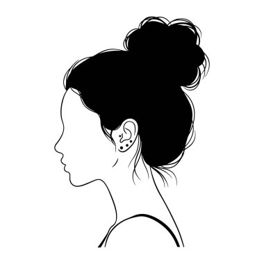 Yan profilde bir kadının kafasının minimalist çizgisi, saçlarını topuz şeklinde sergiliyor ve kulağında küpe ve piercinglerle süsleniyor. Beyaz arka plandaki basit, cesur çizgiler. Yüzünün hatlarına ve saç stiline odaklanıyor..