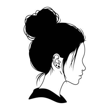 Minimalist siyah beyaz bir kadın profili, sağa bakıyor. Saçları topuz şeklinde ve küçük küpeli birden fazla kulak piercingleri var. Temiz çizgiler ve basit bir renk düzeni, kadın saçı ve elbisesi ile betimlenmiş.