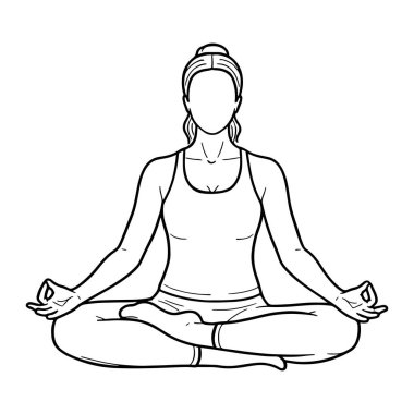 Nilüfer pozisyonunda oturan bir kadının basit siyah beyaz çizgisi. Bacakları çapraz ve elleri meditasyon amaçlı bir jest. Yüzü çizilmemiş. Tank ve şort giyiyor. Arka plan bembeyaz, minimalist tarzı vurguluyor.