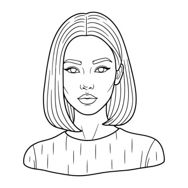 Kısa saçlı ve tarafsız bir yüz ifadesi olan basit bir kadın portresi. Beyaz arka planda siyah çizgileri olan minimalist bir tarz. Kadının kısa bir saç kesimi var ve dikey çizgileri olan bir gömlek giyiyor. Yüzü Su ile tanımlanmış.