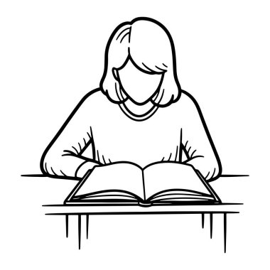 Omuz hizasında saçı açık bir masada oturmuş kitap okuyan yüzü olmayan bir kadının basit siyah beyaz çizgisi. Elleri kitabı tutarken kolları masanın üzerinde dinleniyor. Kalın çizgileri, gölgesi ve rengi olmayan bir minimalist..