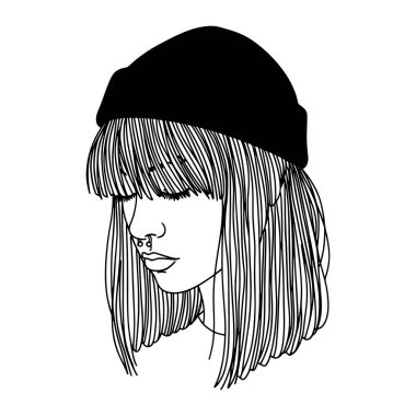 Bir kadının başı ve omuzlarından oluşan siyah beyaz bir çizgi. O siyah bir bere takıyor ve bir burun halkası var. Saçları düz ve omuzlarının hemen altına düşüyor. Arka plan bembeyaz..