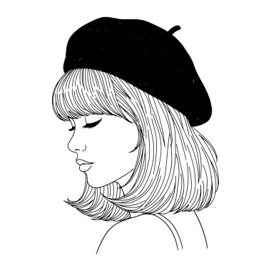 Bir kadının başı ve omuzlarından oluşan siyah beyaz bir çizgi. Siyah bir bere takıyor ve kısa saçlı ve kâküllü. Gözleri kapalı ve o sola doğru bakıyor. Arka plan düz beyaz. Kadın, bere, siyah. Siyah bereli bir kadın.