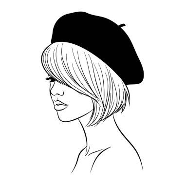 Sola bakan basit bir kadın kafası ve omuz çizgisi. Kısa, düz saçlı, kâküllü ve siyah bereli. Siyah beyaz, kalın çizgiler ve en az gölgelendirme ile. Arkaplan düz beyaz.