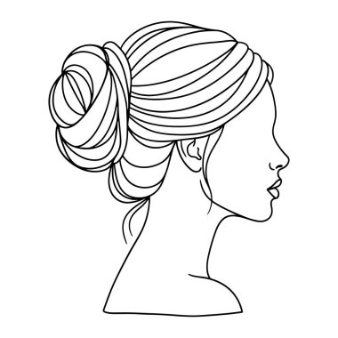 Yandan bakıldığında, bir kadının kafasının ve omuzlarının basit bir çizgisi. Saçları sarık şeklinde bir havluya sarılmış. Beyaz arkaplan üzerinde siyah çizgiler halinde, ek ayrıntı veya gölgeleme olmadan.
