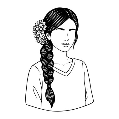 Uzun örgülü ve saçında çiçek olan bir kadının siyah beyaz çizgisi. V yaka bir gömlek giyiyor ve gözleri kapalı. Huzurlu ve huzurlu bir izlenim veriyor. Arka plan bembeyaz, dikkatleri kadının portresine odaklıyor..