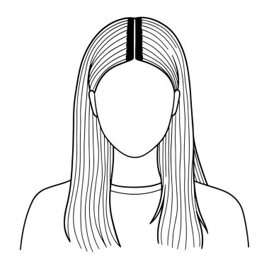 Uzun saçlı ve siyah tokalı basit siyah beyaz bir kadın çizgisi. Kadının yüzü çizilmemiş ve basit bir gömlek giyiyor. Kadının saç stiline ve aksesuarına odaklanan bir minimalist..