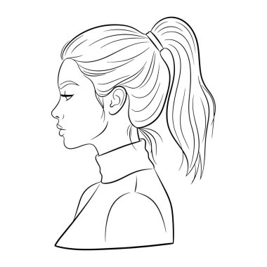 Bir kadının kafasının ve omuzlarının sola bakan basit bir çizgisi. Uzun saçları at kuyruğu şeklinde geri çekiliyor ve balıkçı yaka ve küpe takıyor. Siyah beyaz ve çok az gölgelendirilmiş..