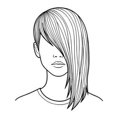 Bir kadının kafası ve omuzlarından oluşan basit bir çizgi. Saçları uzun, düz ve alnında kâküller var. Yüzü minimal, küçük gözleri ve dudakları var. O, yuvarlak yakalı basit bir gömlek giyer. Bu siyah-beyaz, Bo ile