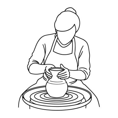 Çömlek çarkında çalışan, kilden vazoyu elleriyle şekillendiren bir kadın çizgisi. Önlük takıyor ve saçını bağlıyor. Beyaz arkaplanda basit bir siyah çizgi var. Çömlekçi, çömlekçi, kadın. Çömlek çarkında kilden vazo yapan bir kadın.