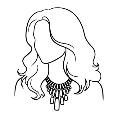 Bir kadının başı ve omuzlarından oluşan basit bir çizgi, yüzü boş bir şekilde ileriye bakıyor. Uzun, dalgalı saçları var ve dikdörtgen şekilli geometrik bir kolye takıyor. Kadın, kafa, omuzlar. Uzun dalgalı saçları ve geometr 'i olan kadın kafası ve omuzları.