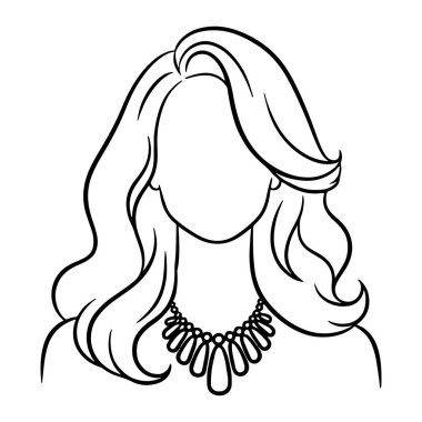 Uzun dalgalı saçları ve kolyesi olan basit bir kadın kafası ve omuz çizgisi. Siyah-beyaz, kadının yüzünü tanımlayan kalın çizgiler var. Yüzü ayrıntılı değil, saç stiline ve takılarına odaklanıyor..