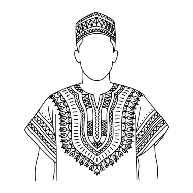 Kafasında karmaşık desenler ve kufi şapkası olan geleneksel bir dashiki giyen Afro-Amerikan bir adamın siyah-beyaz çizgisi. Basit, beyaz bir geçmişi olan bir minimalist. Adamın yüzü çizilmemiş..