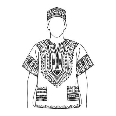 Geleneksel Afrika Dashiki tişörtü giyen, karışık desenli ve uyumlu bir şapka takan bir insan çizgisi. Gömleğin kısa kolları, V şeklinde yakası ve geometrik şekiller ve kabile izleri de dahil olmak üzere dekoratif. Siyah beyaz, gösteriş meraklısı.