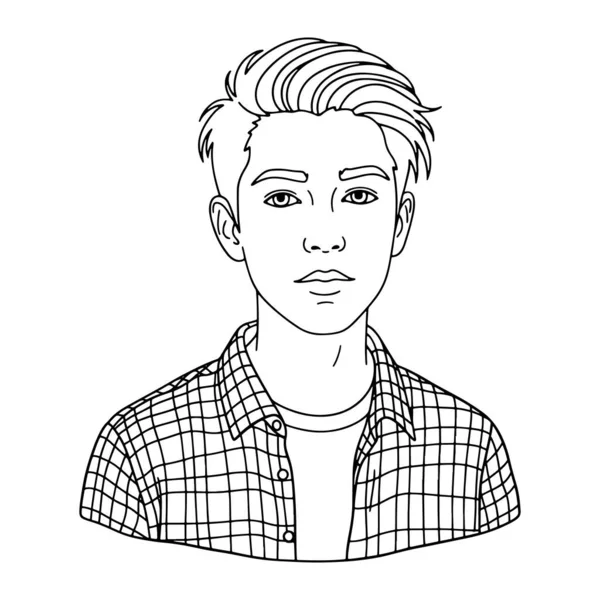 Kısa saçlı ve ekose gömlekli genç bir adamın basit bir çizgisi. Siyah-beyaz, kalın çizgileriyle Tanrı 'yı tanımlıyor. Tarafsız bir ifadesi var ve beyaz bir tişörtün üzerine ekose bir gömlek giyiyor. Arkaplan düz beyaz.