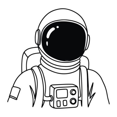 Bir astronotun kaskı ve sırt çantalı uzay elbisesi giydiği basit bir siyah beyaz çizgi. Astronotun yüzü kaskın koyu güneşliği tarafından kapatılmış. Uzay giysisinin göğsünde bir kontrol paneli ve kolunda da bir yama var. Arka plan sade.