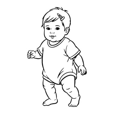 Tulum ve toka takan siyah beyaz bir kız çocuğu çizgisi. Kolları hafifçe bükülmüş ve bir bacağı önde yürüyor ya da ayakta duruyor. Kısa saçları ve yüzünde tarafsız bir ifade var. Koyu çizgiler ve en az gölgelendirme ile basit,