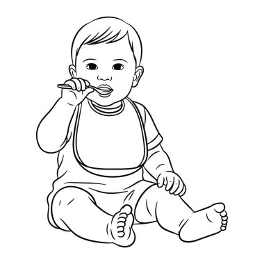 Ağzında kaşıkla oturan bir bebeğin siyah beyaz çizgisi. Bebeğin kısa saçı var ve önlüğü olan bir tulum giyiyor. Bacak bacak üstüne atarak oturuyorlar ve ileriye bakıyorlar. Koyu çizgiler ve en az gölgelendirme ile basit.