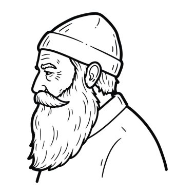 Uzun sakallı, bıyıklı, saç bandı takan, beyaz arka planda görünen siyah beyaz bir adam çizgisi. Kalın çizgiler ve gölgeleme derinlik ve doku yaratır. Adamın dikkat çekici bir sakalı ve bıyığı var.