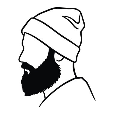 Bir adamın kafasının profil görünümündeki basit siyah beyaz çizgisi. Adamın sakalı ve bıyığı var ve bere takıyor. Minimalist, kalın çizgileri, gölgesi ya da rengi yok. Arkaplan düz beyaz.