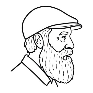 Sakallı bir adamın profilinin siyah beyaz çizgisi. Düz bir şapka takıyor ve belirgin bir sakalı ve bıyığı var. Adamın yüzü çizgilerle tanımlanmış ve dümdüz ileriye bakıyor gibi görünüyor. Arkaplan düz beyaz ve t