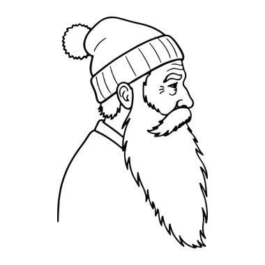 Bir adamın profilinin siyah beyaz çizgisi. Onun uzun bir sakalı ve bıyığı var, ve üzerinde bir ponla birlikte kurdeleli bir kış şapkası takıyor. Ayrıca yakalı bir ceket giyiyor. Basit ve kalın çizgiler..