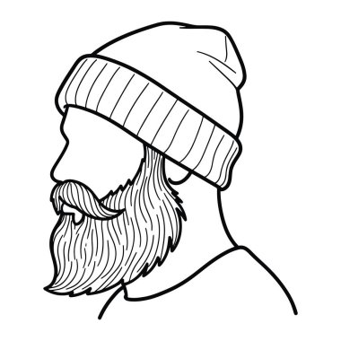 Profilde bir adamın siyah beyaz çizgisi, detaylı bir sakal ve bıyık sergiliyor, kurdeleli bir bere takıyor. Kalın çizgiler ve basit bir renk şeması, yüz kıllarının dokusuna ve şapkanın örgü desenine odaklanıyor..