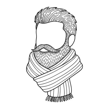 Bir adamın başı ve omuzlarından oluşan siyah beyaz bir çizgi. Kısa saçı, bıyığı ve sakalı var. Adam boynuna bir eşarp takıyor. Eşarbın altında püsküller var. Arkaplanı düz beyaz..