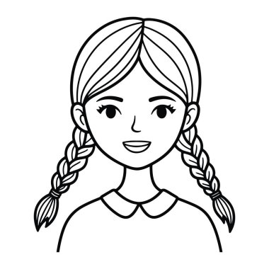 Örgü örgülü örgülü, gülümseyen bir kızın basit siyah beyaz çizgisi. Kız omuzlarından yukarıya doğru, dostane bir gülümsemeyle tasvir ediliyor. Saçları iki örgülü, kafasının iki tarafında da birer tane. Yakalı bir gömleği ve şakası var.