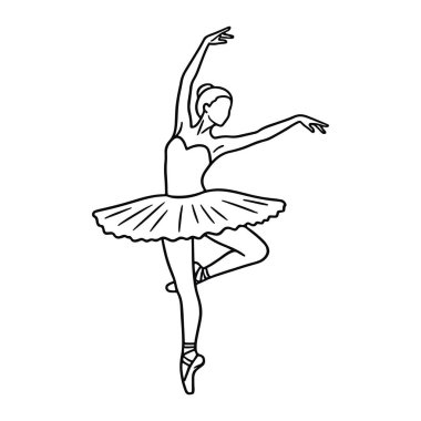 Dans eden bir balerinin basit siyah beyaz çizgisi. Dansçı kısa etek ve bale ayakkabısı giyiyor. Diğer bacağı vücudunu desteklerken, diğer bacağı da arkasına uzanıyor. Kolları yukarı ve dışarı doğru uzanıyor. Bu çok minimalist.