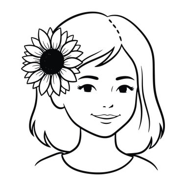 Kulağının arkasına ayçiçeği sıkıştırılmış siyah beyaz bir kız çizgisi. Kızın omuz hizasında saçları ve ince bir gülümsemesi var. Ayçiçeği büyüktür ve başının sol tarafında konumlandırılmıştır. Arkaplan düz beyaz.