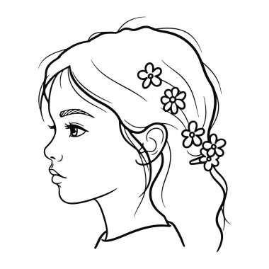 Sola bakan bir kızın kafasının basit siyah beyaz çizgisi. Saçları, içine birkaç çiçek örülmüş olarak geri çekiliyor. Kalın çizgiler ve en az gölgelendirme ile minimalist çizgi film tarzında yapılır. Arkaplan düz beyaz.