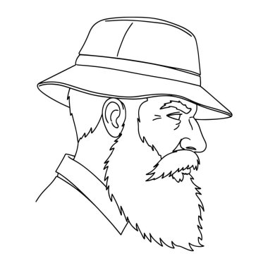 Bir adamın kafasının ve omuzlarının olduğu, şapka takan ve sakallı basit siyah beyaz bir çizgi. Çok az detay içeren temel bir kural. Çizginin ana hatlarına odaklanıyoruz. Siyah ve beyaz, dostum, şapka. Siyah beyaz çizgili, şapkalı bir adam.