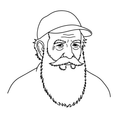 Bir adamın başı ve omuzlarından oluşan basit bir siyah beyaz çizgi. Onun büyük bir sakalı ve bıyığı var ve bir şapka takıyor. Basit bir illüstrasyon tarzında, en az gölgelendirme ya da doku ile yapılır. Arkaplan düz beyaz.