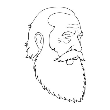 Tanınmış bir sakal ve bıyıklı bir adamın kafasının basit siyah beyaz çizgisi. Çizgi film tarzında, kalın çizgiler ve en az gölgelendirme ile yapılır. Adam ciddi bir ifadeyle resmedilmiş, sağa bakıyor. Arka taraf.