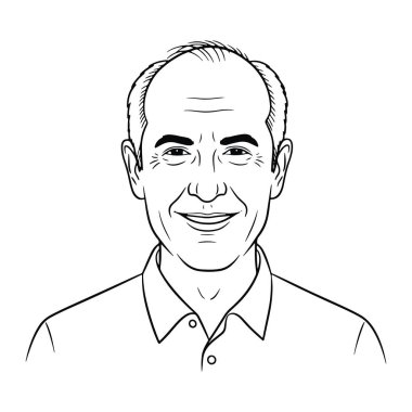 Kafası kel ve yakalı gülümseyen orta yaşlı bir adamın siyah beyaz çizgisi. Basit bir tasvir, en az detay ve gölgelendirme ile. Adamın yüz ifadesi cana yakın ve cana yakın, hafif bir gülümseme ve şaşı.