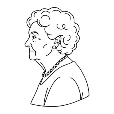 Kıvırcık saçlı, gülümseyen ve inci kolye ve küpe takan yaşlı bir kadının basit siyah beyaz çizgisi. Kafasının ve omuzlarının yan profili, düz beyaz bir arka plana ayarlı..