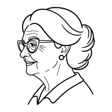 Yaşlı bir kadının kafasının ve omuzlarının sade siyah beyaz çizgisi, sola bakıyor. Çöreği, gözlüğü ve küpeleri var ve gülümsüyor. Minimalist ve çizgi film tarzında, koyu çizgileri ve gölgesi veya rengi yok..