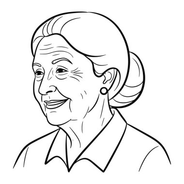 Kısa saçlı yaşlı bir kadının sade siyah beyaz çizgisi kısa topuz şeklinde geri çekildi. Küpe takıyor ve yüzünde sıcak bir gülümseme var. Kalın çizgiler ve asgari gölgeleme ile, basit ve basit bir şekilde yapılır.