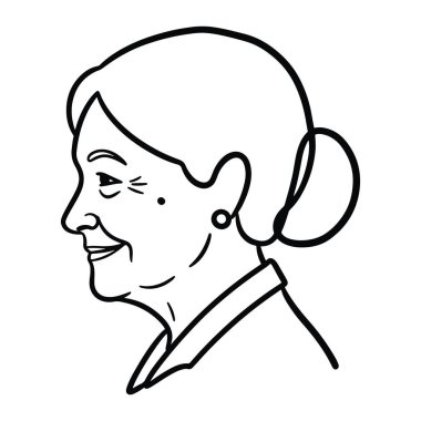 Yaşlı bir kadının profildeki basit siyah beyaz çizgisi. Gülümseyen yüz ifadesini, küpelerini ve saçlarını topuz şeklinde gösteriyor. Yüzüne vurgu yapıyor. Göz ve ağız çevresindeki kırışıklıklar da dahil. Düz beyaz bir arka plana karşı..