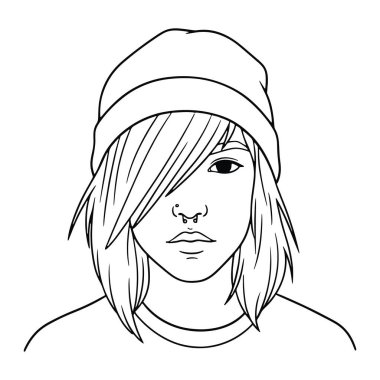 Bir kadının başı ve omuzlarından oluşan basit bir siyah beyaz çizgi. O bir bere takıyor ve bir burun halkası var. Saçları düz ve bir gözünün üstüne düşüyor. Arka plan düz beyaz. Siyah beyaz çizgi, kadın, bere. bir kadının siyah beyaz çizgisi