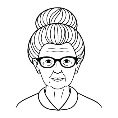 Sade siyah beyaz bir çizgi, saçları topuz şeklinde ve gözlük takan bir kadın. Tarafsız bir yüz ifadesi var ve küpe ve yakalı bir gömlek giyiyor. Temiz çizgiler ve düz beyaz arka plana karşı minimalist bir stil.