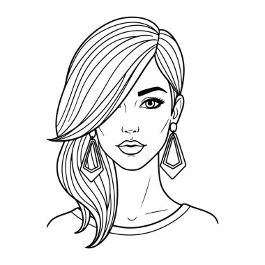 Bir kadının başı ve omuzlarından oluşan basit bir siyah beyaz çizgi. Bir tarafında uzun saçları var ve büyük geometrik küpeler takıyor. Yüz ifadesi nötr ve gözleri ileriye bakıyor. Arkaplan düz beyaz.