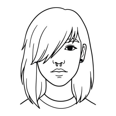 Bir kadının yüzü ve omuzlarından oluşan basit bir siyah beyaz çizgi. Kadının bir gözünü kısmen kapatan kâküllü kısa saçları var. Septum piercingli ve bir kulağında küpe var. Basit, çizgi film tarzında, minimum sh ile yapılır.