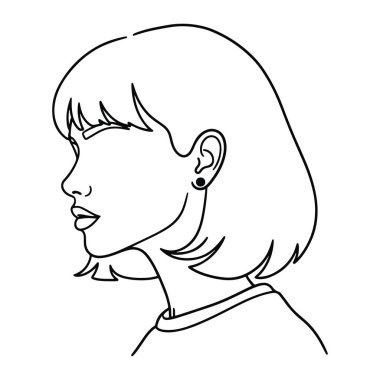 Profilde bir kadının kafasının basit siyah beyaz çizgisi. Kadının kısa saçlı, kâküllü ve kulağında küpe var. Yüz hatları minimumda ve sürekli tek bir çizgide. Arkaplanı düz beyaz..