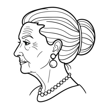 Profilde bir kadının siyah beyaz çizgisi, yüz kırışıklıklarını gösteriyor ve saçlarını topuz şeklinde tarıyor. İnci bir kolye ve küpe takıyor. Basit ama detaylı bir zarafet katıyor.