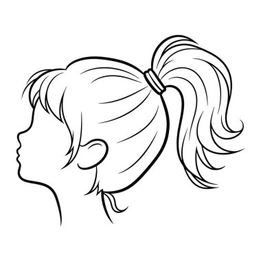 Bir kadının kafasının basit siyah beyaz çizgisi, profilde, sola dönük. Saçları lastik bantlı bir at kuyruğunun içine çekiliyor. Yüzü yan görüşte, kulağı ve kakülleri görünüyor. Kalın çizgileri ve gölgesi ve rengi yok..