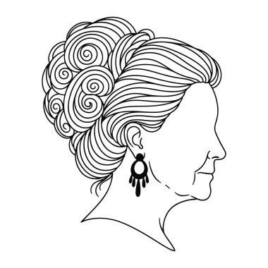 Profilde bir kadının kafasının basit siyah beyaz çizgisi. Saçları kıvırcık kıvırcık kıvrımlı ve kulağında sarkık bir küpe var. Kalın çizgiler ve en az gölgelendirme ile a.
