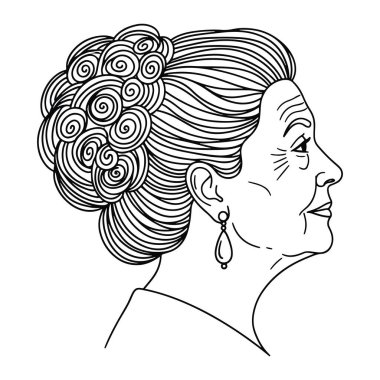 Profilde bir kadının siyah beyaz çizgisi kıvrımlı updosunu ve gözyaşı küpelerini gösteriyor. Kadının saçı bir updoda şekillendirilmiş, yüzünde birçok kıvrımlar var. Gözlerinde ve ağzında kırışıklıklar var. Ona bir görünüm kazandırıyor. O yaptı.