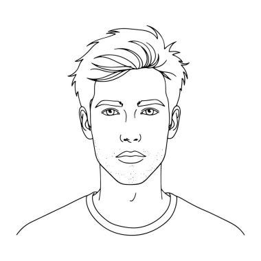 Kısa saçlı ve tarafsız bir ifadeyle genç bir adamın basit siyah beyaz çizgisi. Adamın kafası ve omuzları, yüzüne ve kısa saçlarına odaklanmış. Çenesinde hafif bir sakalı var ve tayfa yaka tişörtü giyiyor. Tarzı asgari düzeyde